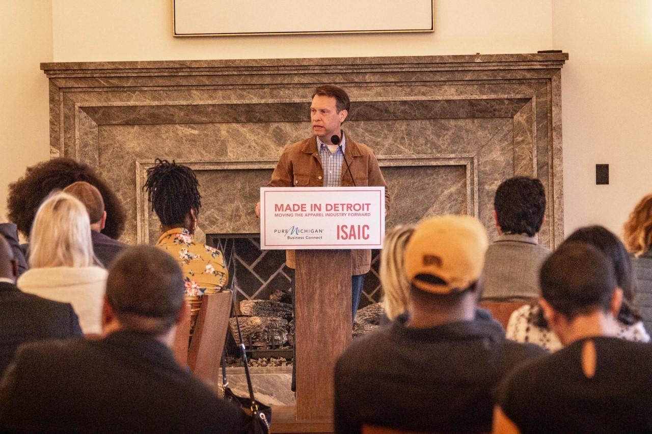 Tony Ambroza, chief brand officer, Carhartt, Inc. speaking at the “Made in Detroit: Moving the Apparel Industry Forward” event at Shinola Hotel.