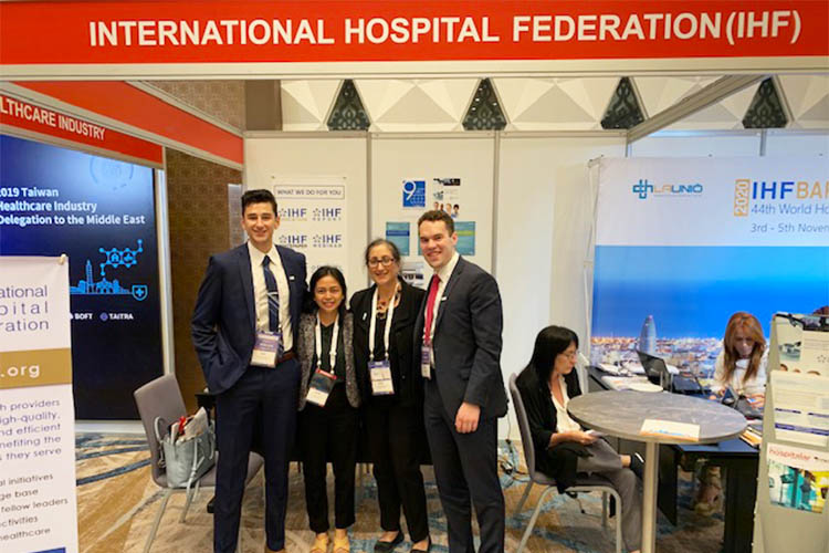 GHSN representatives attend annual IHF conference in Muscat, Oman. (L to R) Miguel Williams, GHSN business development analyst; Thomas Sprys Tellner, GHSN project analyst; IHF representative; Patricia Williams, GHSN founder and president.