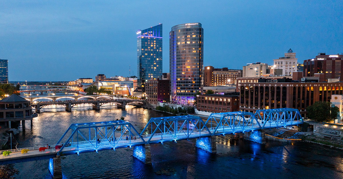 The iconic Blue Bridge in bustling downtown Grand Rapids